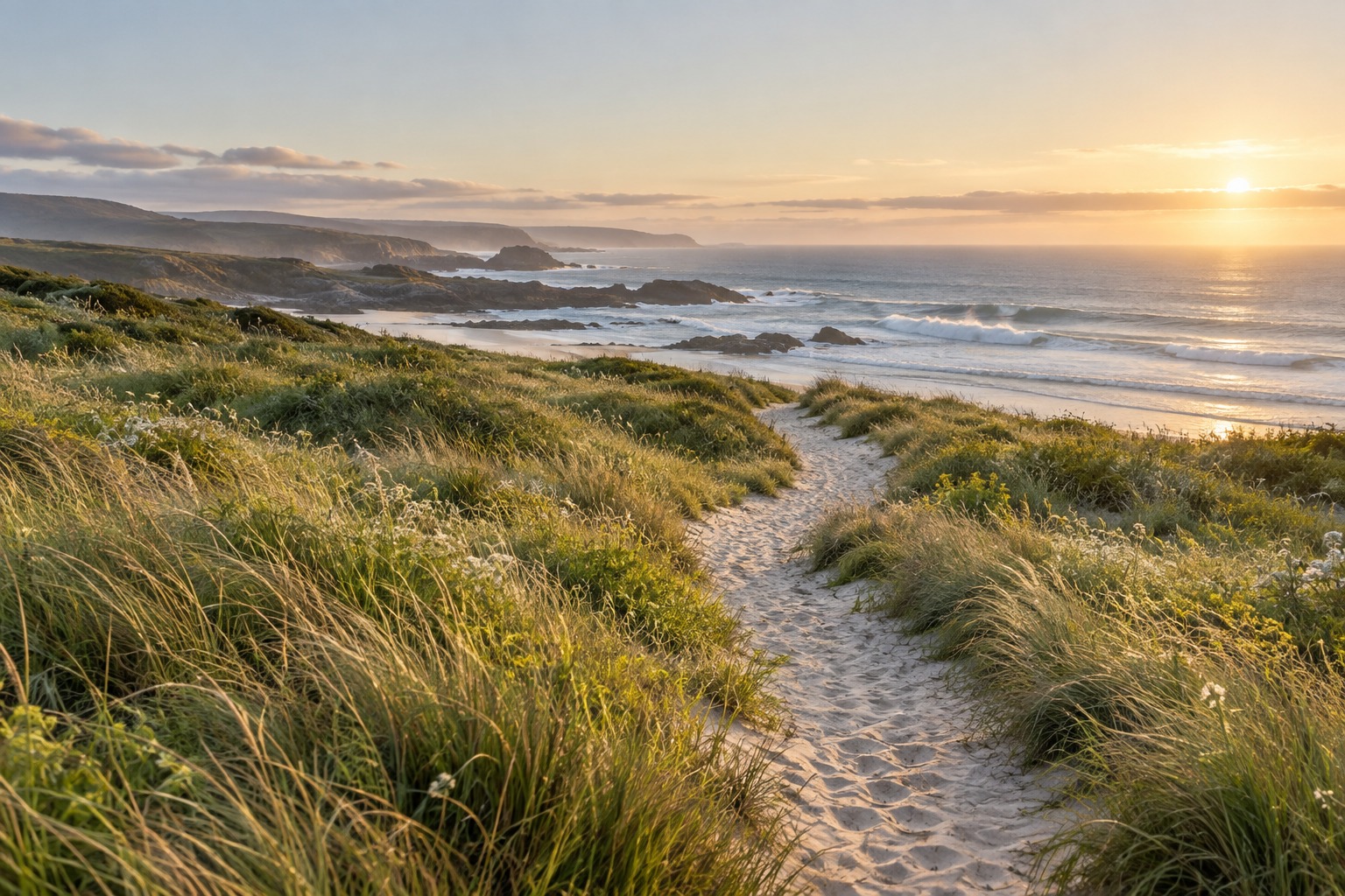 A peaceful beach and coastal path in soft morning light